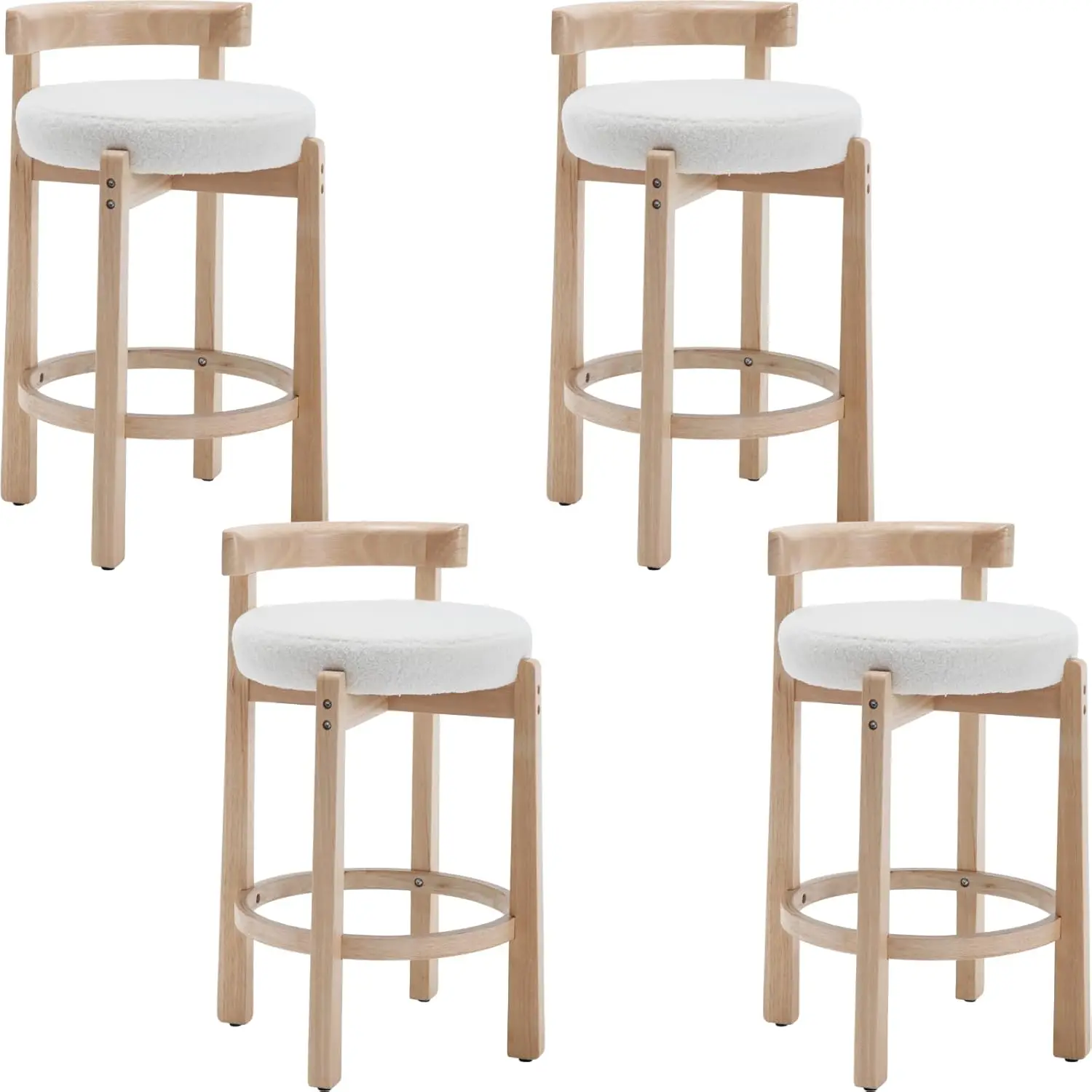 Mid-Century Bar Stools Set of 4, 26.5 Inch Sherpa Counter Height Upholstered Barstools Kitchen Island Dining Room, White