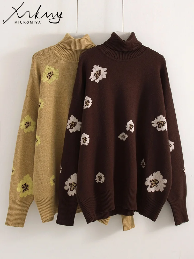 MiuKoMiYa 特大花柄セーター女性のための冬秋ニット暖かいプルオーバー女性ジャンパー女性のセータータートルネック