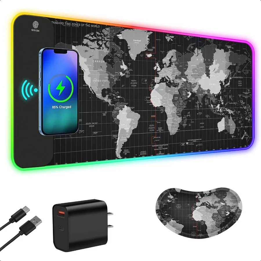 

Wirel Charging RGB Gaming Mouse Pad 15W LED Mouse Mat with 30W Charger 14 Light Modes Large Mousepad with Wrist port NonSlip Ru