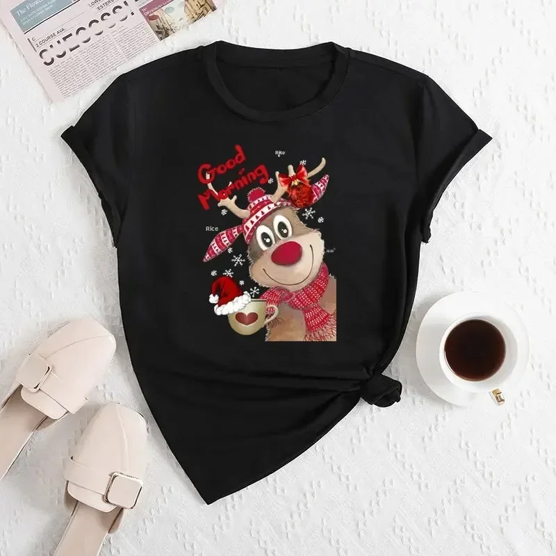 

2025 New Women's round Neck Short Sleeve T-Shirt Christmas Deer Print Polyester Fiber Regular Sleeve Length External Decoration