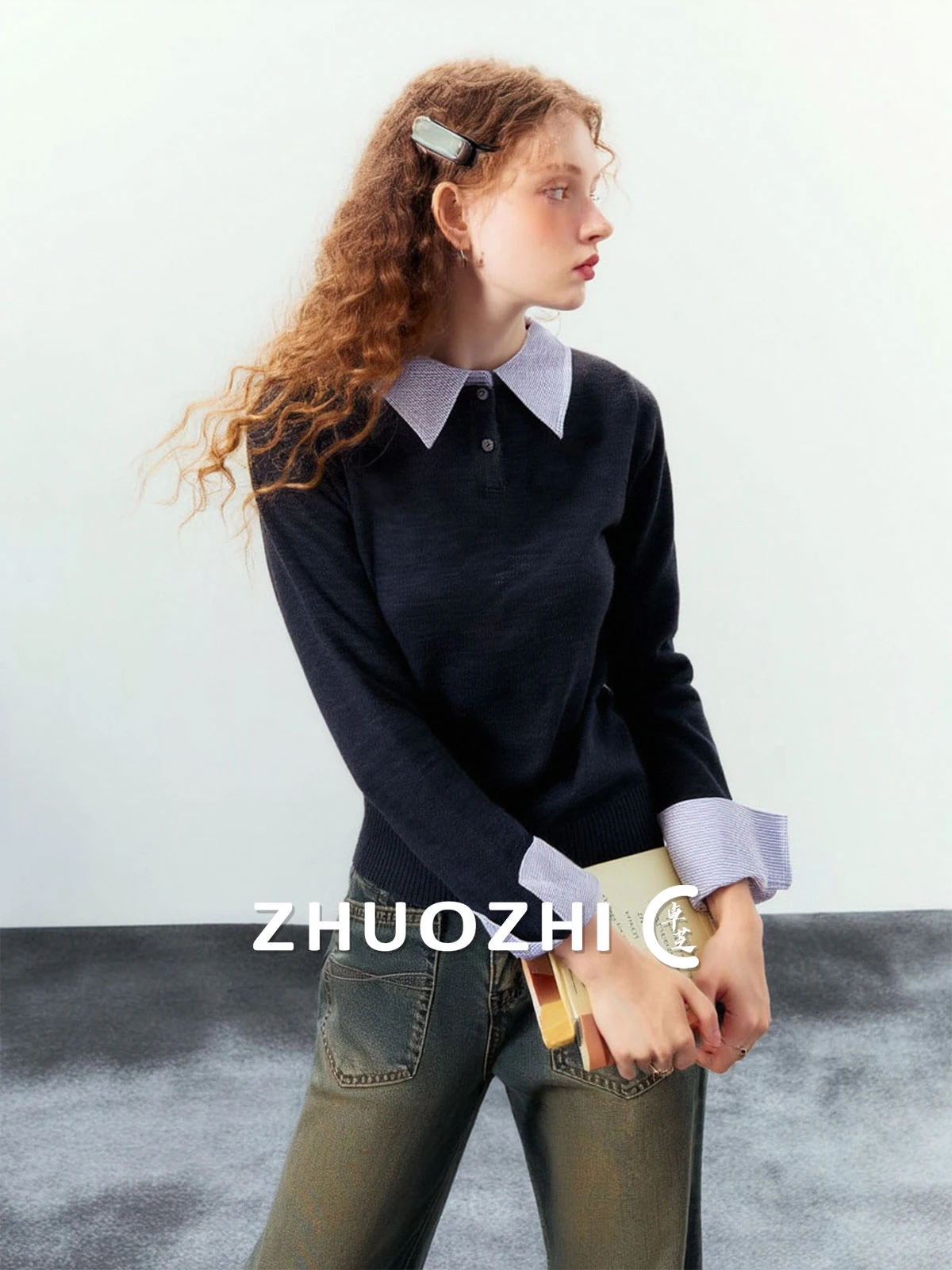 

Женский вязаный свитер ZhuoZhi Miu Sle Color Blo Slim Fit, весна 2026, повседневный, с отложным воротником, имитация двухслойности