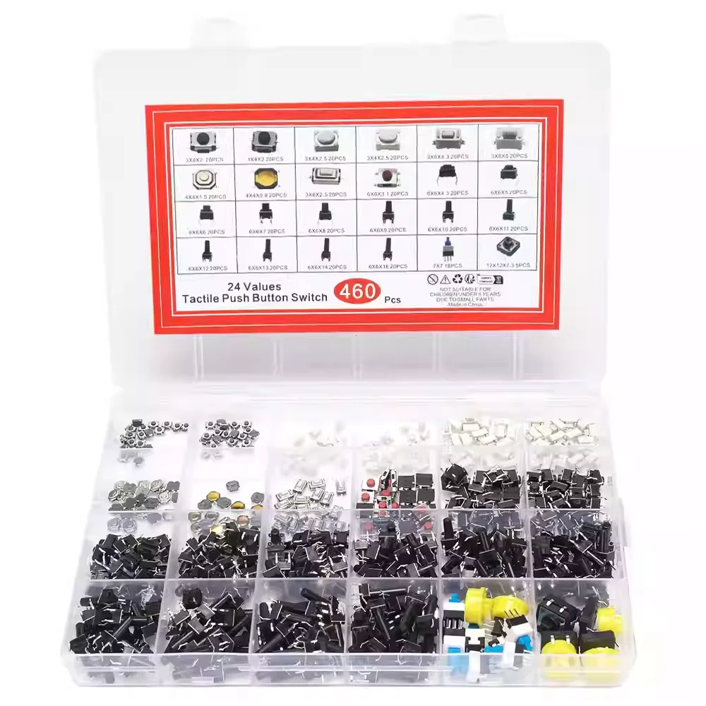 460pcs 24 Values Tact Switch Assortment Kit 2Pin 4Pin Micro Push Button Switches for Car Remote Control Home Appliances