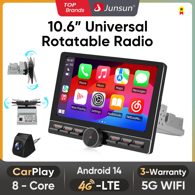 Junsun 10.6 Radio girevole universale AI Wireless CarPlay 4G Android 14 Lettore multimediale WiFi GPS Navi 1Din Auto Stereo