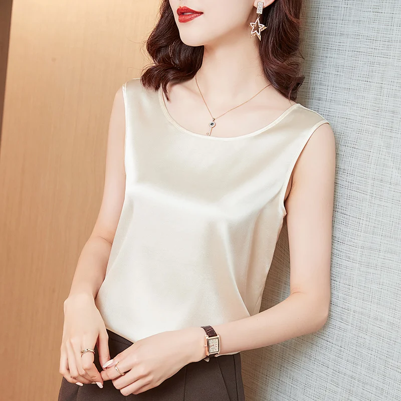 

Silk round Ne Svel Strap Vest Women's Suit Inner Summer High-end Satin Silk T-irt Top Faionable Commute
