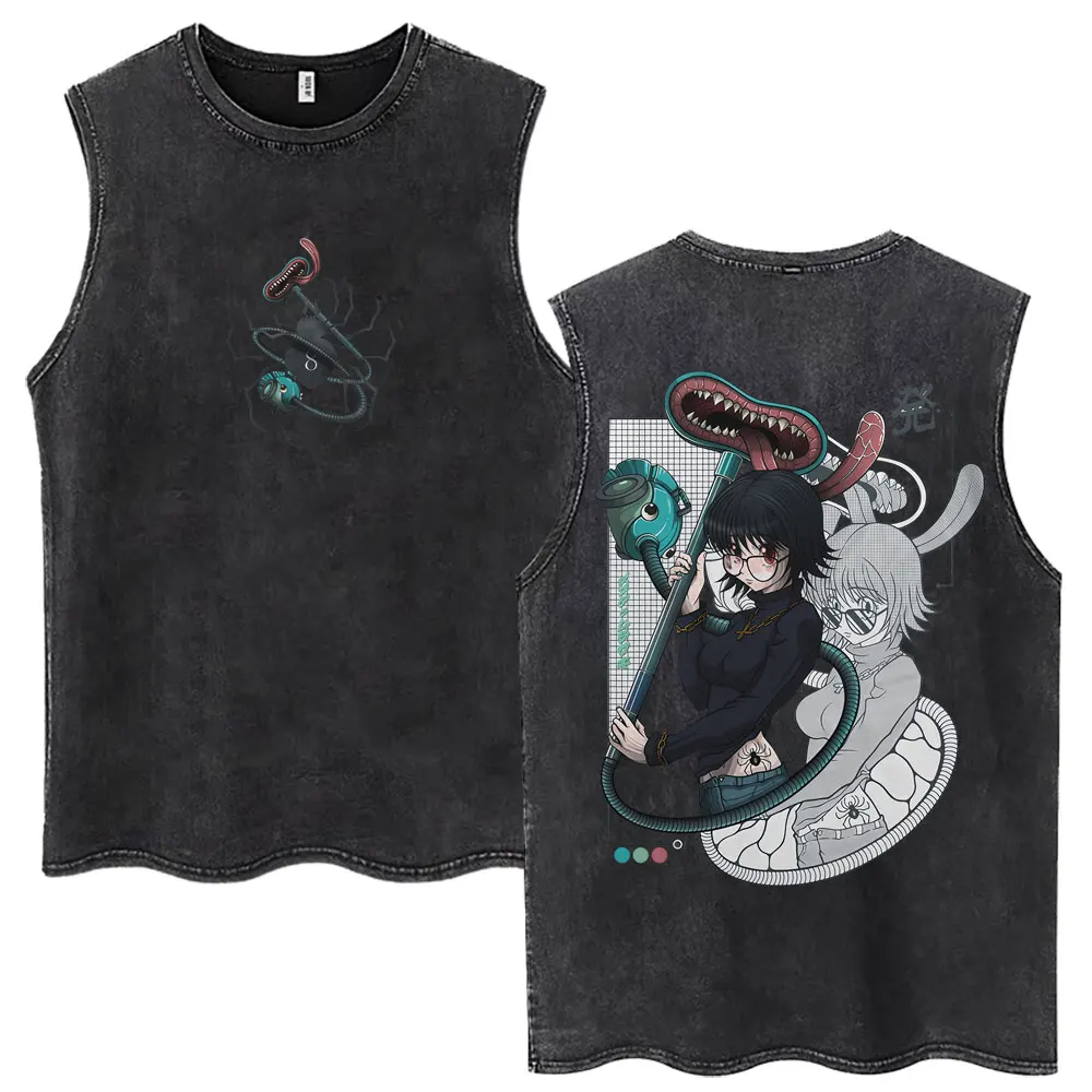 Camiseta sin mangas vintage con lavado ácido HxH Shizuku, estampado de anime a doble cara, corte sin rematar, unisex, negra, estilo retro streetwear, chaleco deportivo.
