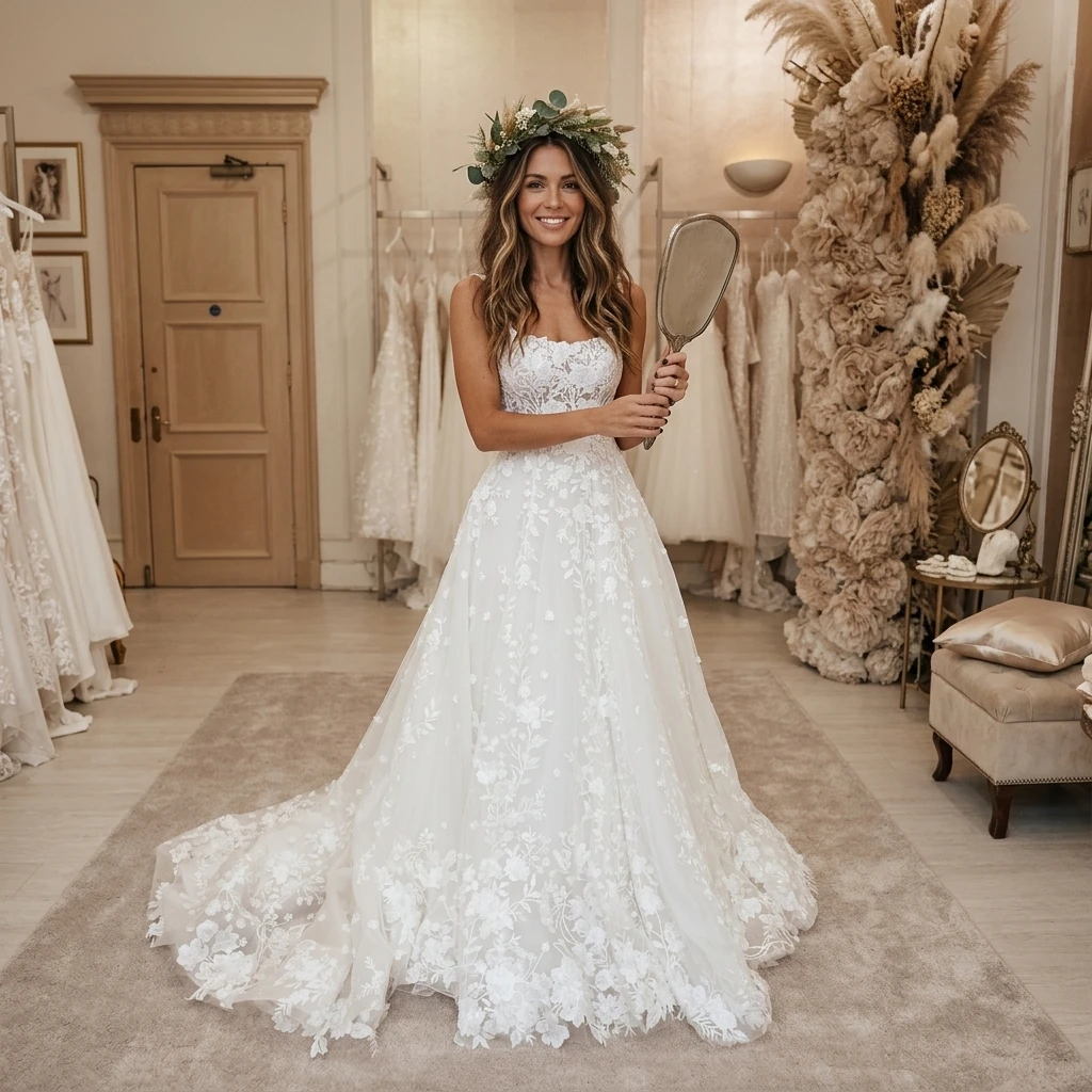 Strapless Sweetheart Lace A-Line Wedding Dress with All-Over 3D Floral Appliques & Sheer Tulle Train Bridal Gown
