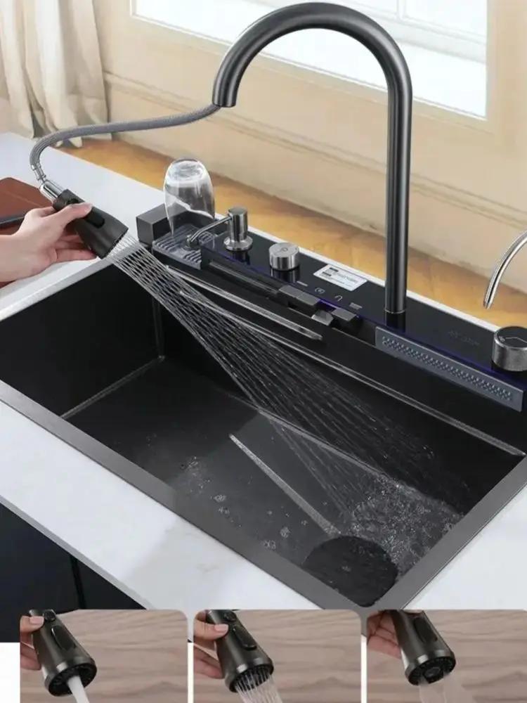 304 RVS watervalkeukenkraan grote enkele spoelbak geïntegreerde digitale display kraanset zeepdispenser bekerreiniger - afbeelding 2