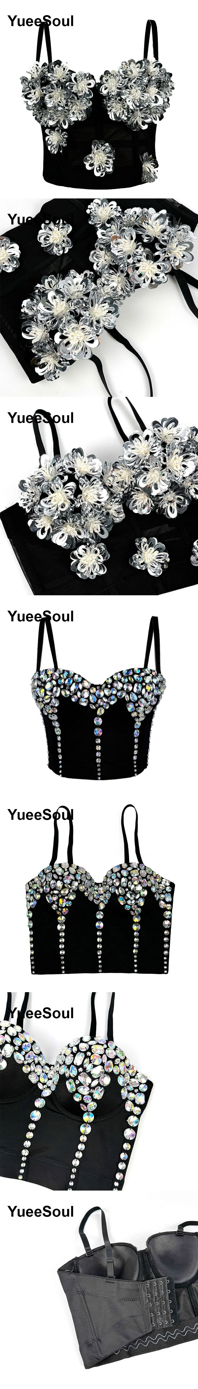 Black Y2K Tops White Rhinestone Sequins Tassel Slim Crop Top New Gothic Party Club Wedding High Street Sexy Corset Top Camis