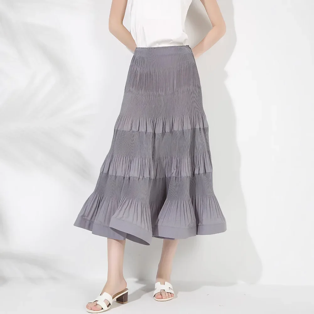 Miyake Pleated High-end 2024 Autumn New Solid Color Heavy-duty Pleated Large Size Elastic Waist Korean Style Mid-length Skirt