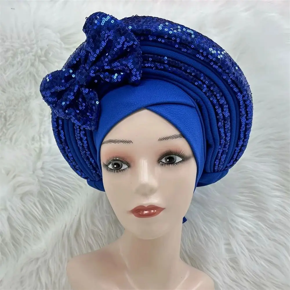 African Headtie Auto Gele Gold Sequined Women's Head Wear With Sequins, Sego Head-tie Pretty Royal Blue Headtie