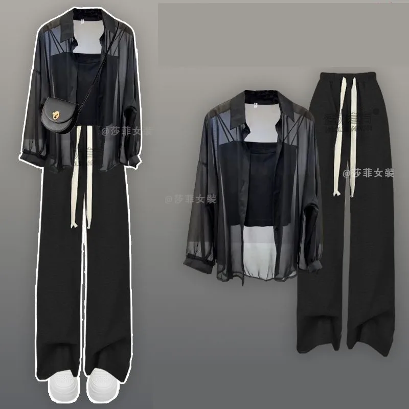 2024 Summer New Korean Casual Tracksuit Matching Set Women\'s Loose Chiffon Sunscreen Shirt+suspender+wide Leg Pants 3 Piece Suit