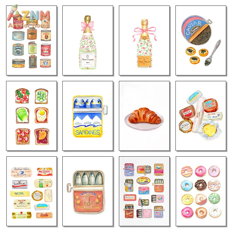 AZNM Watercolor Food Canvas Print Champagne Sardine Can Toast Croissant Butter Donut Vintage Kitchen Cute Unframed Wall Poster D