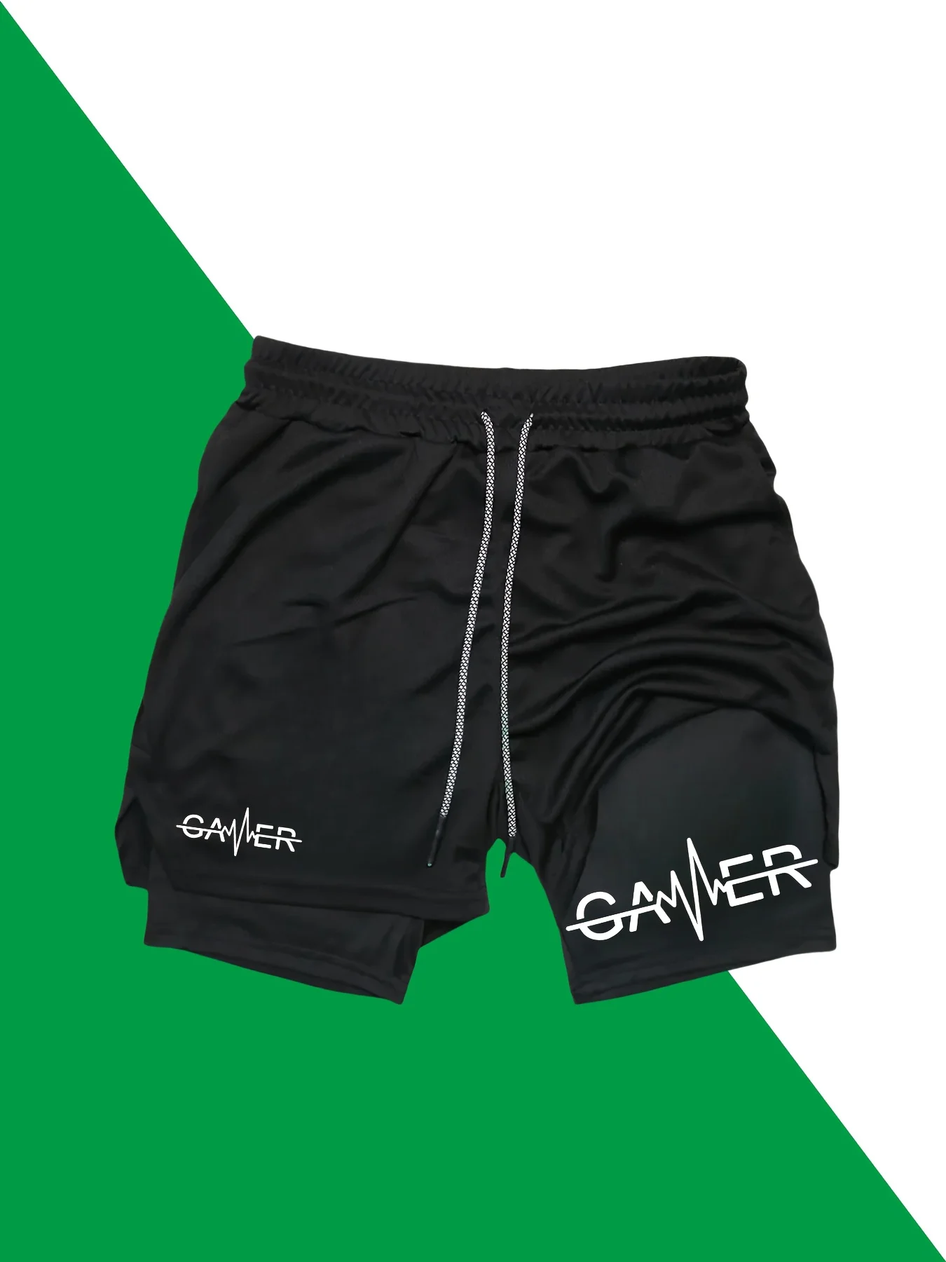 Schnell trocknende 2-in-1-Sportshorts für Herren mit Gamer-Buchstabenaufdruck – atmungsaktive Lauf-Trainings-Gymnastik-Shorts mit elastischem Bund