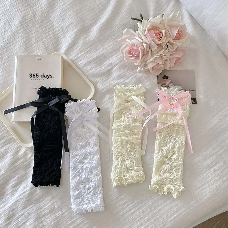 로리타 레이스 장갑 발레 스타일 흰색 레이스 슬리브 여성 얇은 여름 선 스크린 환기 Y2K 소녀를위한 귀여운 활 장갑