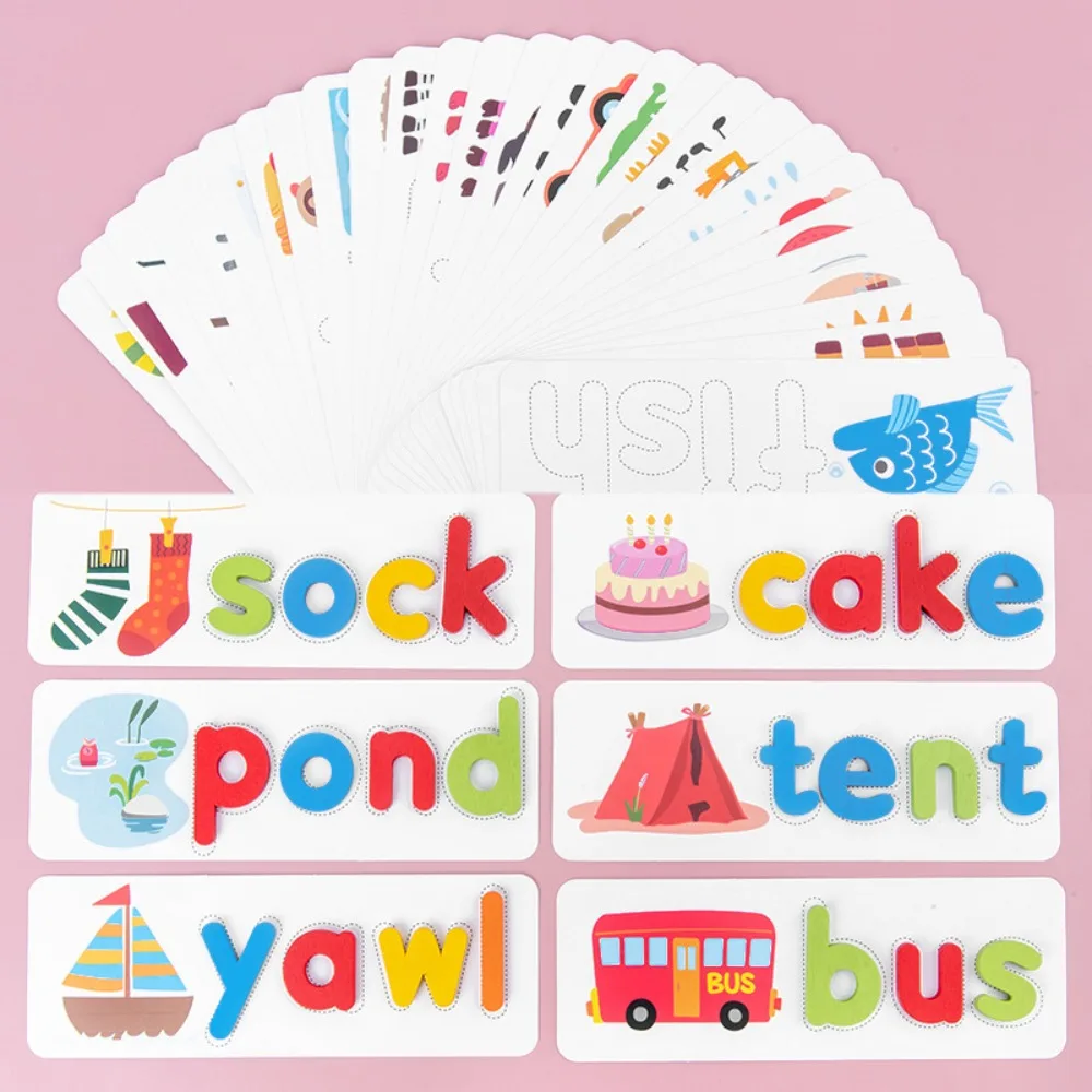 26 English Letters Wooden Word Spelling Game Pattern Double-Sided Matching Letters Toy Spelling Practice Game Blocks
