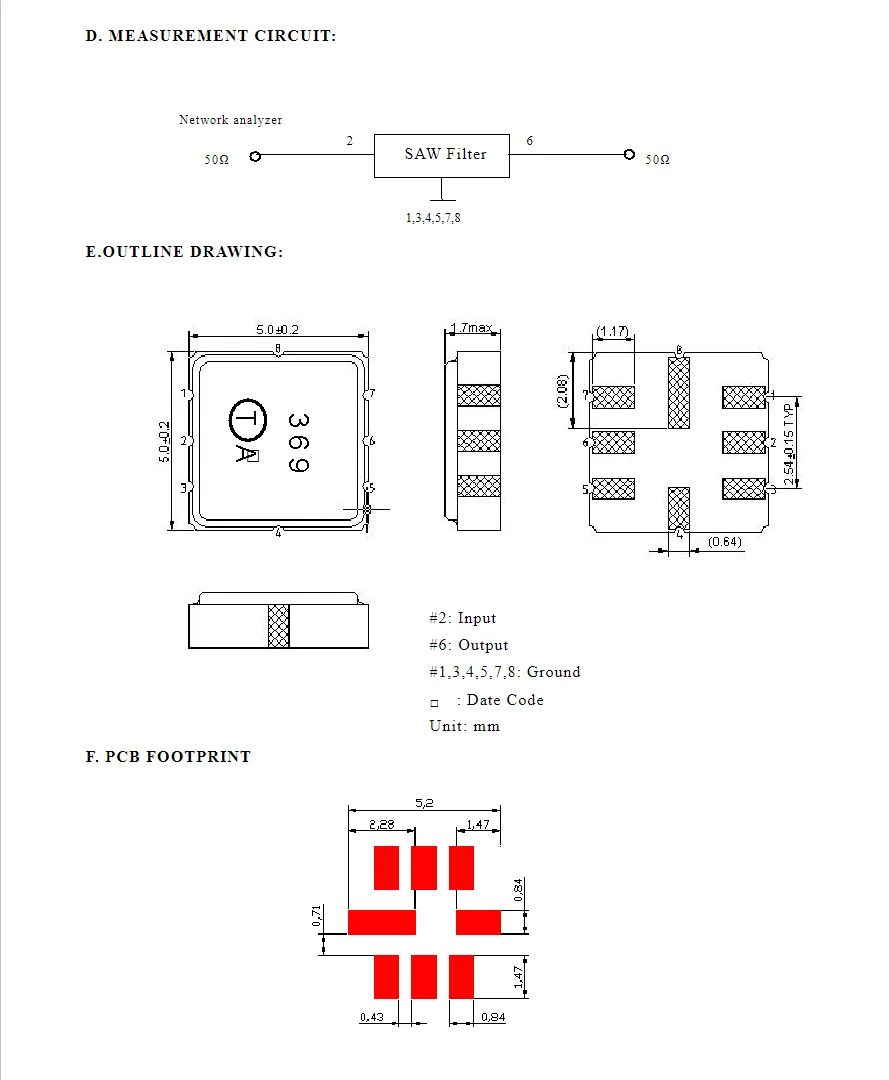 SMD SAW 필터 재고, TA0369A 코드 369, 220MHz 패키지, 신제품, 10 개