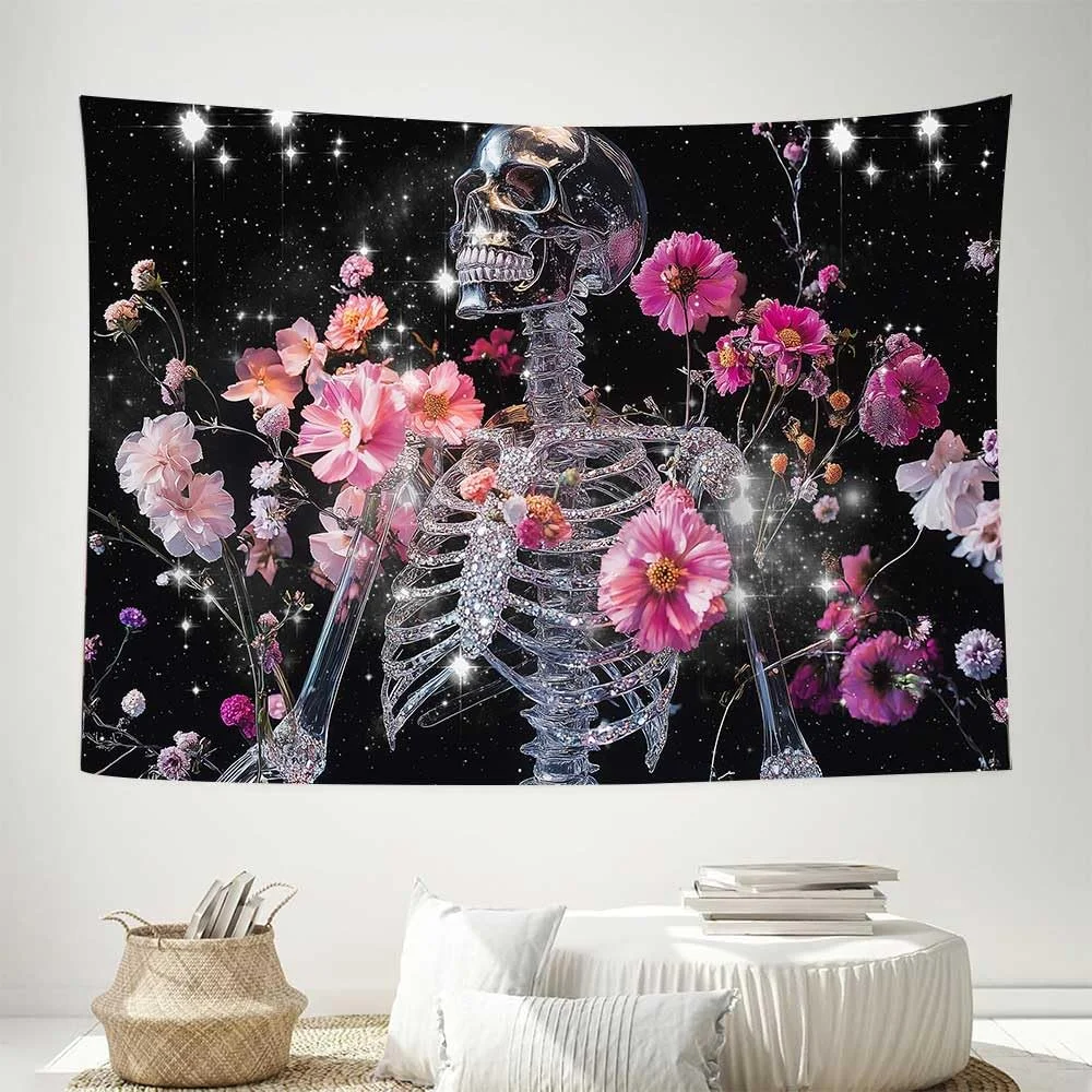 

Настенный гобелен VIKAMA с кристаллами, черепами и цветочными узорами, темно-звездное небо, в стиле Sweet Cool, для декора спальни девочек