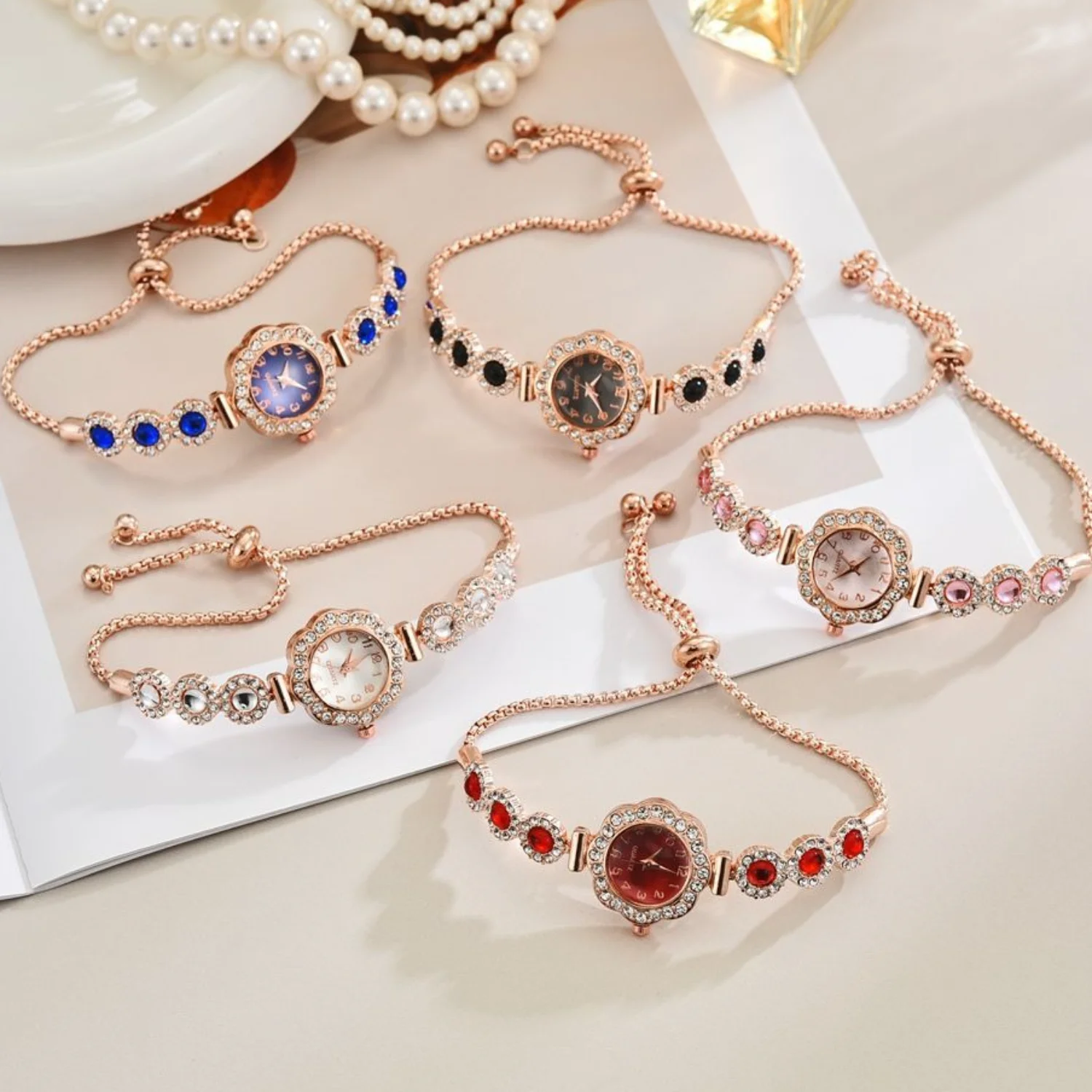 

Радужные выдвижные часы-браслет с красочными кристаллами, регулируемые кварцевые наручные украшения