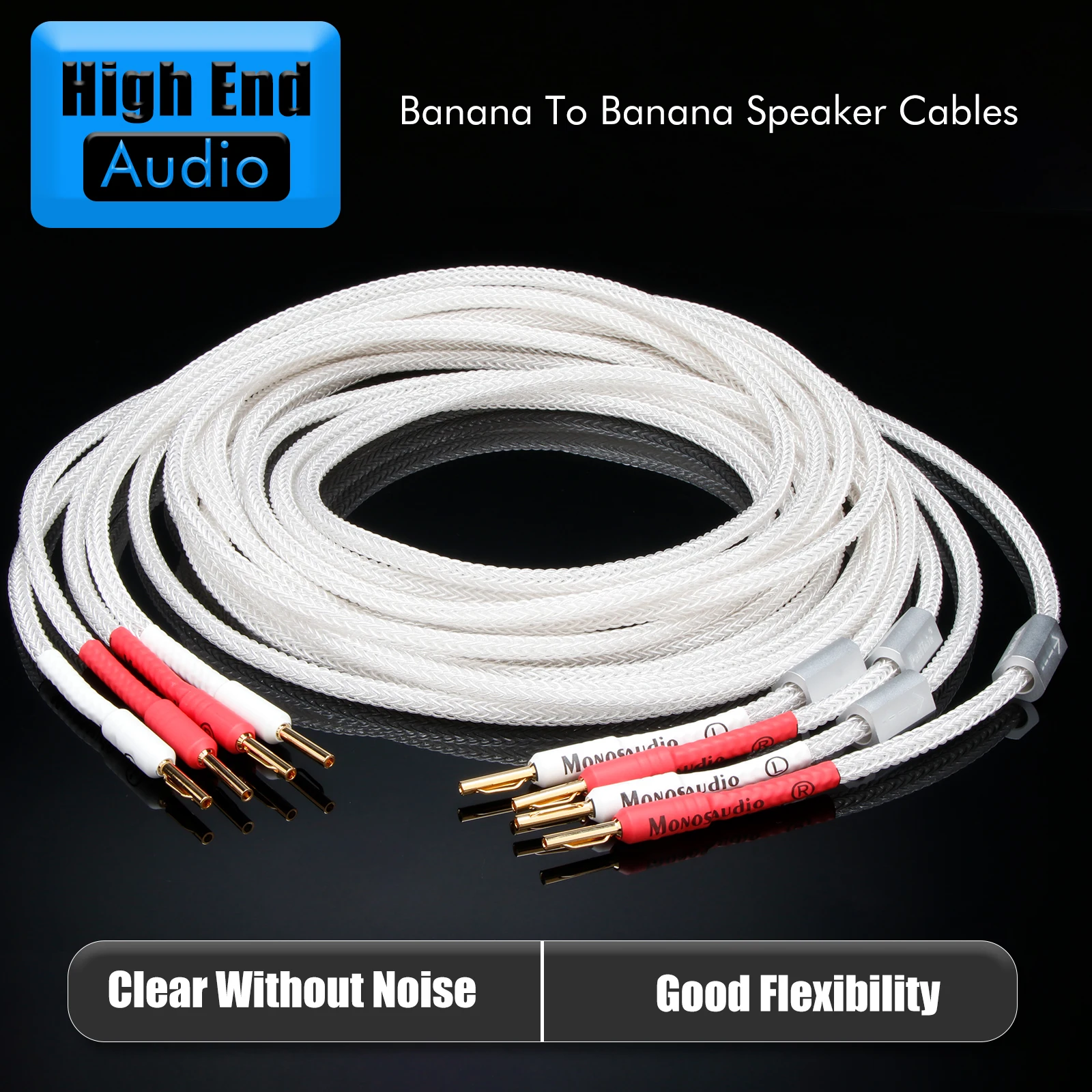 Preffair Pure Silver 16-Core Speaker Cable with Gold-Plated Copper Banana Plugs – Hi-Fi Audio for Amplifier/CD Player