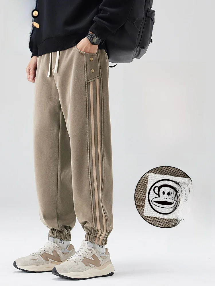 

PaulFrank Retro Fce Lined Casual Pants Men Spring Autumn Warm Striped Loose Cuffed Trousers Comfortable Loose Fit Leisure ...