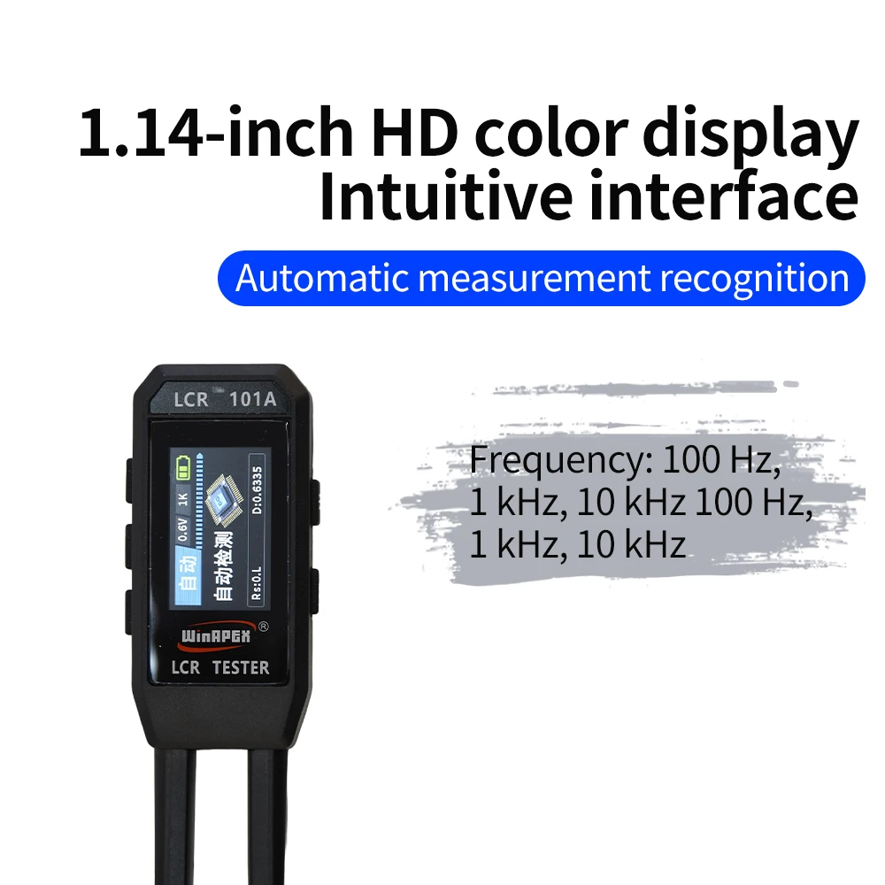 LCR-101A Smart Tweezer Tester 100Hz-10kHz Automatic LCR Meter L/C/R/Diode Test with 1.14'' Color Display