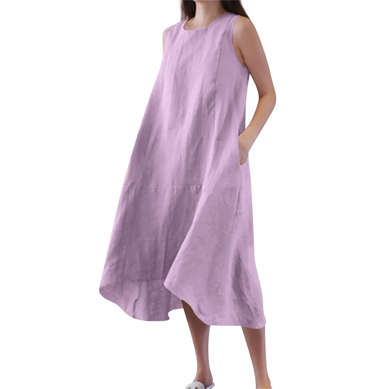 Women's Loose Irregular Hem Large Swing Sleeveless O-neck Loose Solid Color Elegant Cotton Linen Dress Fashion Daily Long Skirt