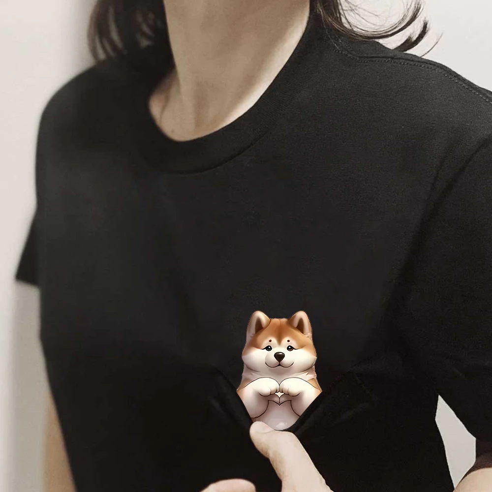 CLOOCL Shiba Inu Cotton T-Shirts Cute Puppy Hand Heart Gesture Print Pocket T-shirt Men Women Short Sleeve Shirts Hip Pop Tops