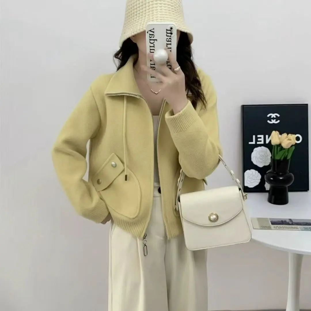 

Zipper Woolen Coat Women 2026 New Spring Autumn Short Sweater Loose Fashion Knitwear Jacket Female High Waist Cardigan Outwear