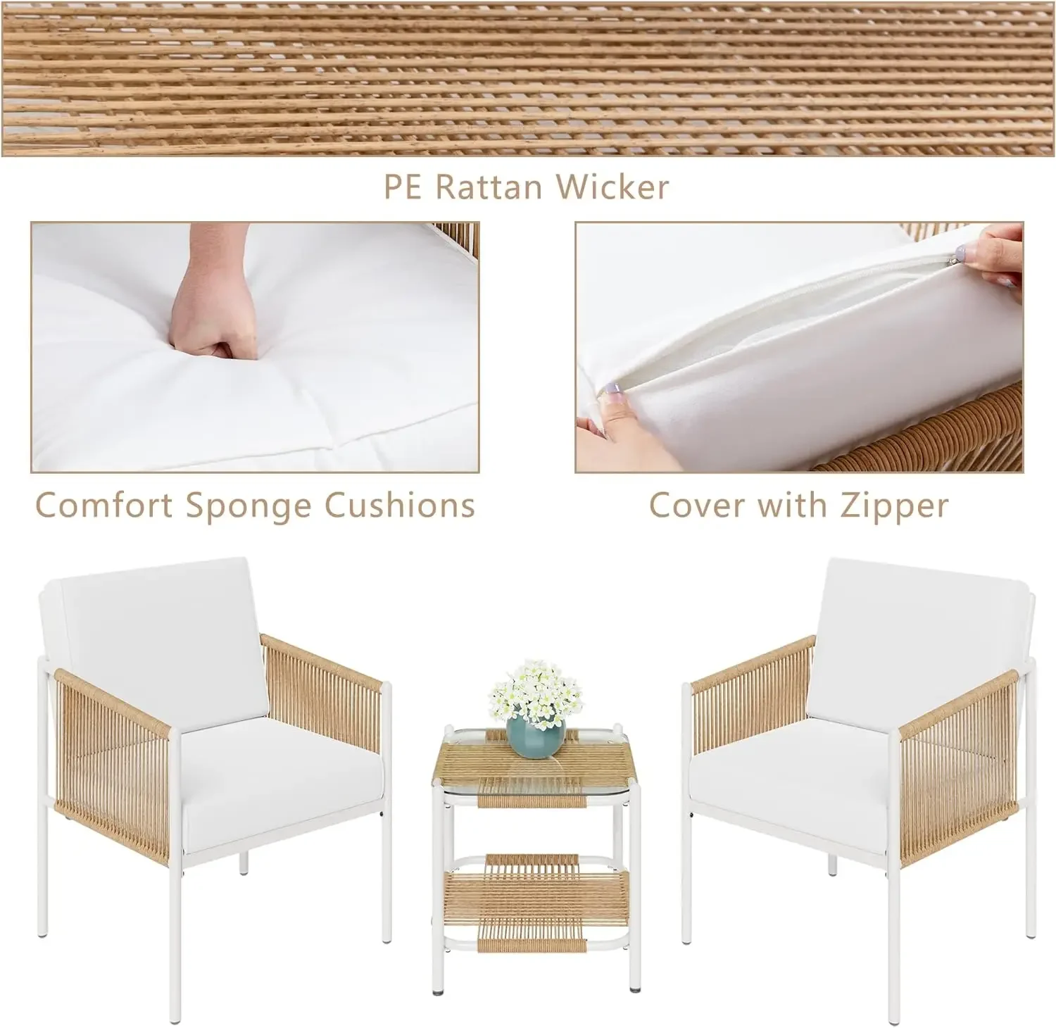 Set anyaman furnitur teras 2/3/5 buah, Set percakapan kursi rotan furnitur teras luar ruangan, semua cuaca