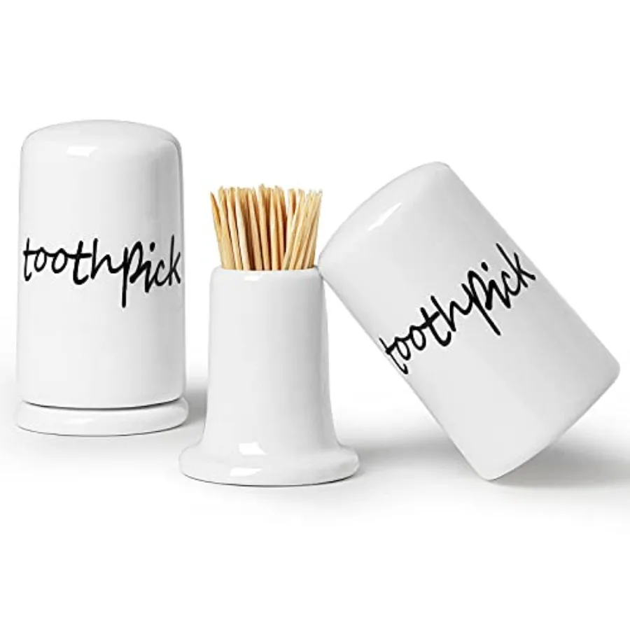 Ceramic Toothpick Holder Dispenser with Lid, Set of 2, White