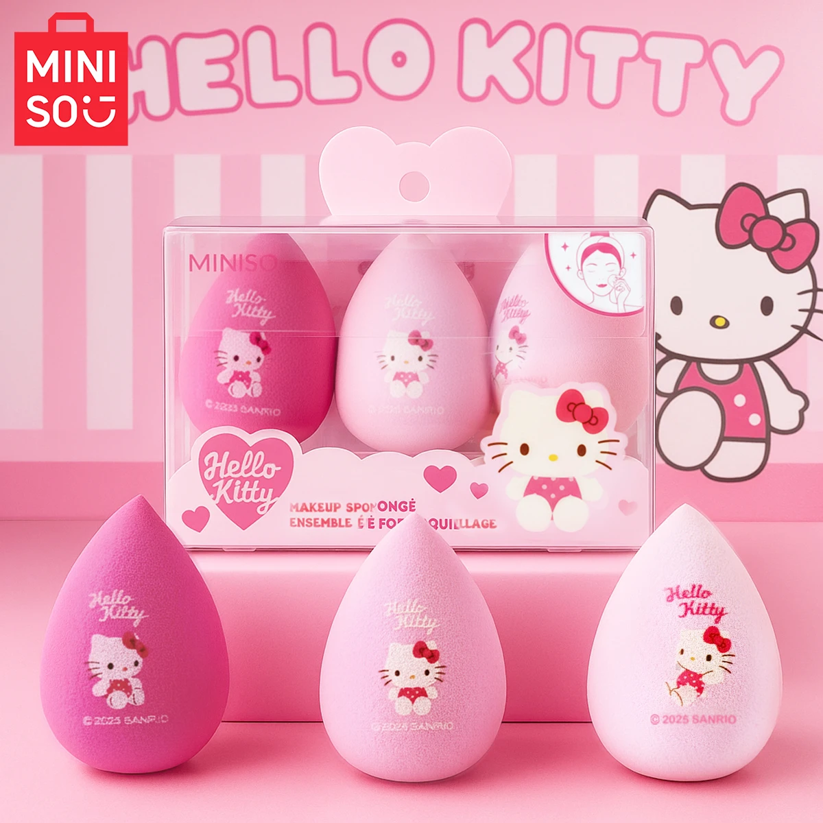 MINISO HelloKitty and Friends Powder Series Beauty Egg 3 قطع أداة مكياج أساسية جافة ورطبة