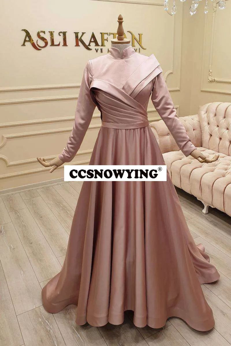 

Simple Pink Satin Long Sleeve Muslim Evening Dress A Line Hijab Formal Party Gown High Neck Moroccan Caftan Robe De Soiree