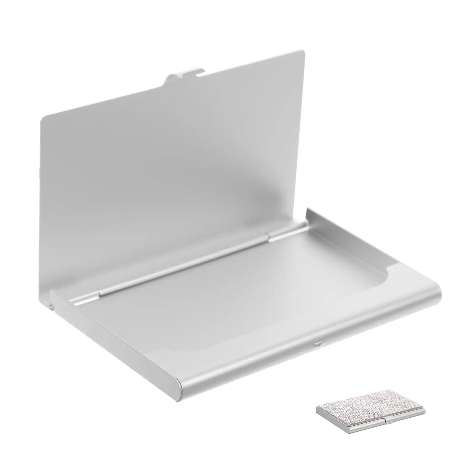 Rhinestone Metal Business Card Holder Silver Compact Cards Container Portable Water Clean Storage Box Desk