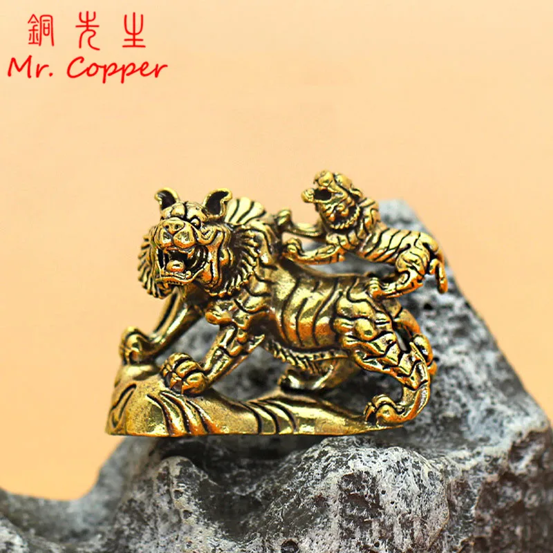Brass Mother Child Tiger Small Statue Desktop Ornaments Vintage Animal Figurines Model Lucky Home Decorations Crafts Accessories