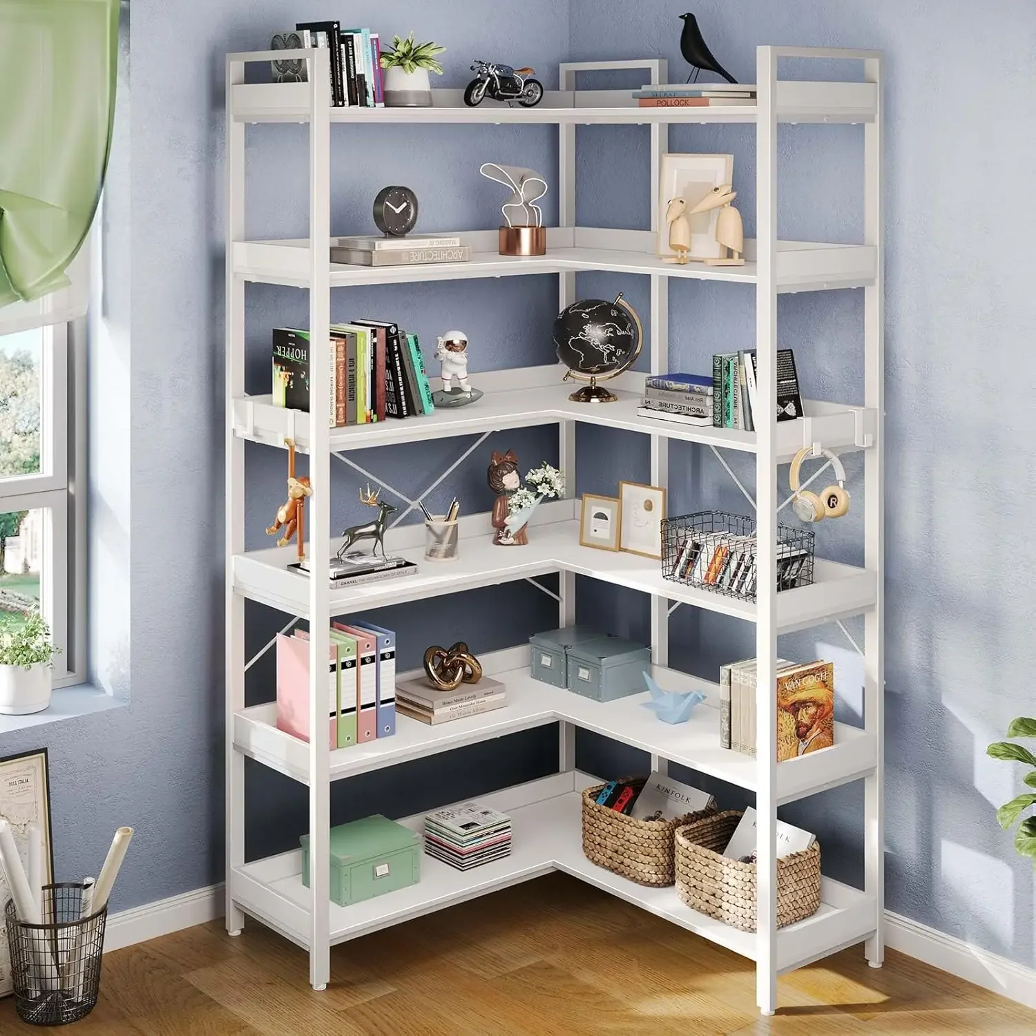 [Discounted Price, Hot Sale!]5 Tier with 4 Hooks, Reversible Corner Bookshelf, 65" Industrial Wooden Bookcase with Open Shelves