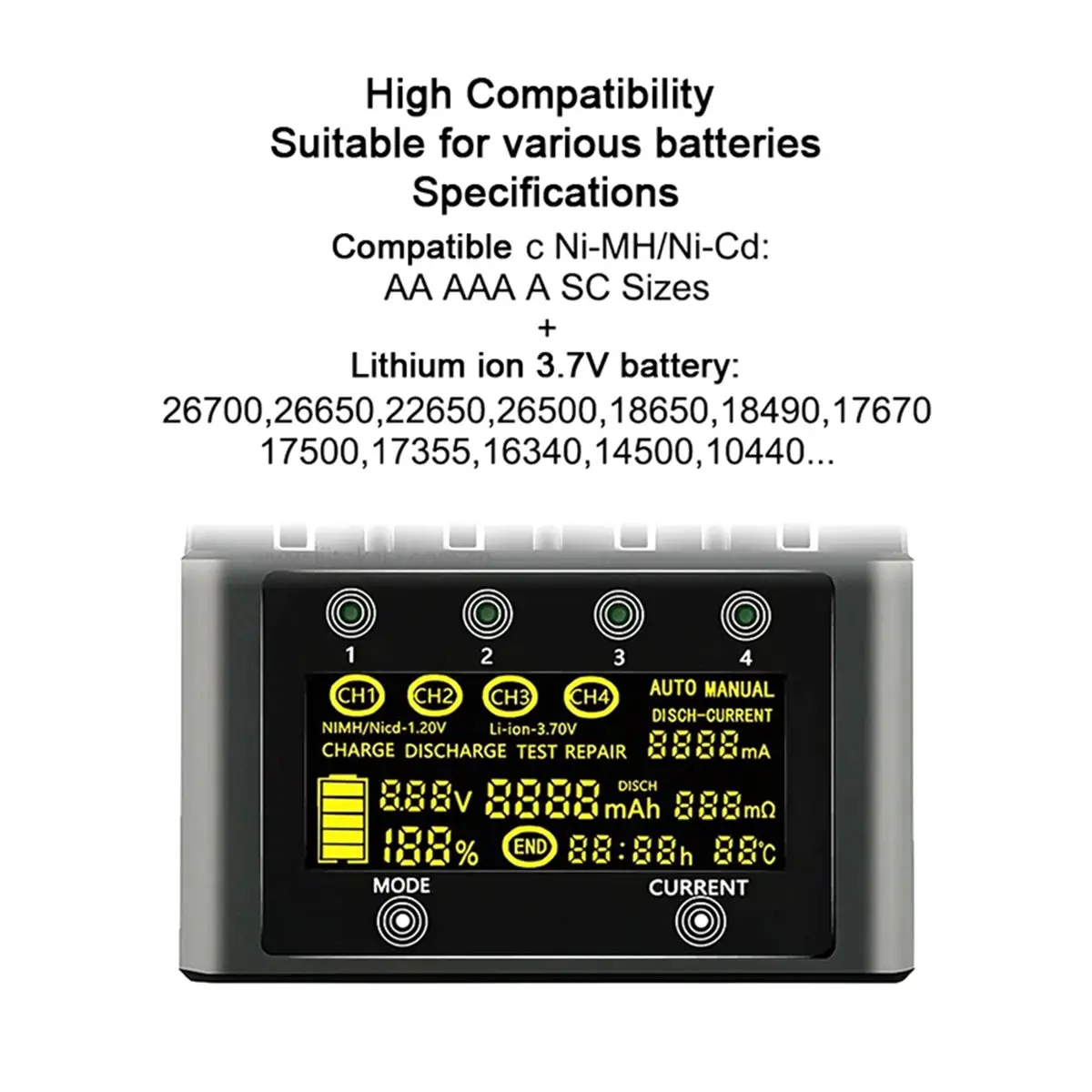 

Умное зарядное устройство T19C Lii-600 для аккумуляторов 18650/21700/26650/AA/AAA/Ni-MH/Li-Ion, с ЖК-дисплеем, быстрой зарядкой, 4 независимыми слотами, вилка стандарта США