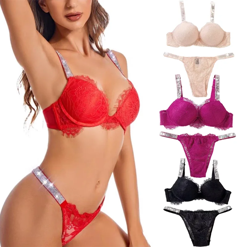 2025 New Style Comfort Briefs Underwear Set Brand Letter   Sexy  Lace Female Intimates  Women Panties Rhinestone Bra Set