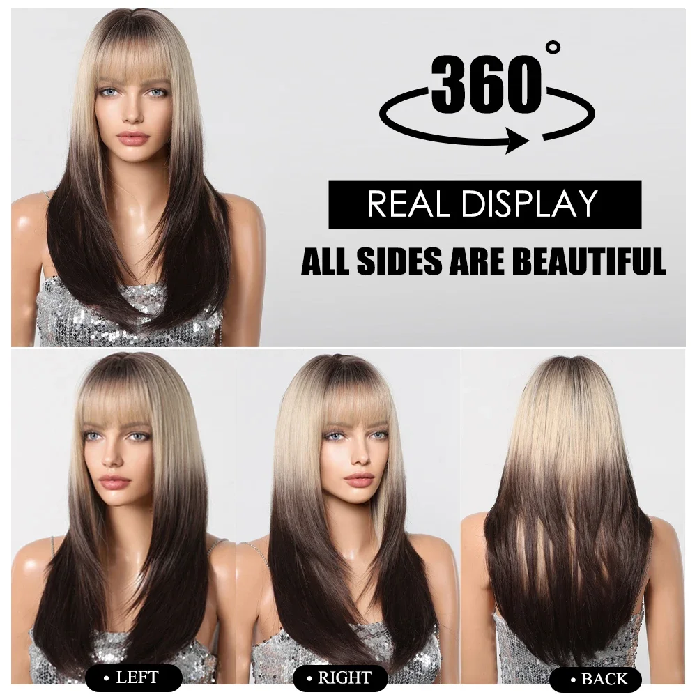 Women's Long Straight Brown Black to White Ombre Wig - Heat-Resistant Synthetic Hair,for Daily Use Cosplay Enthusiasts Christmas image 5