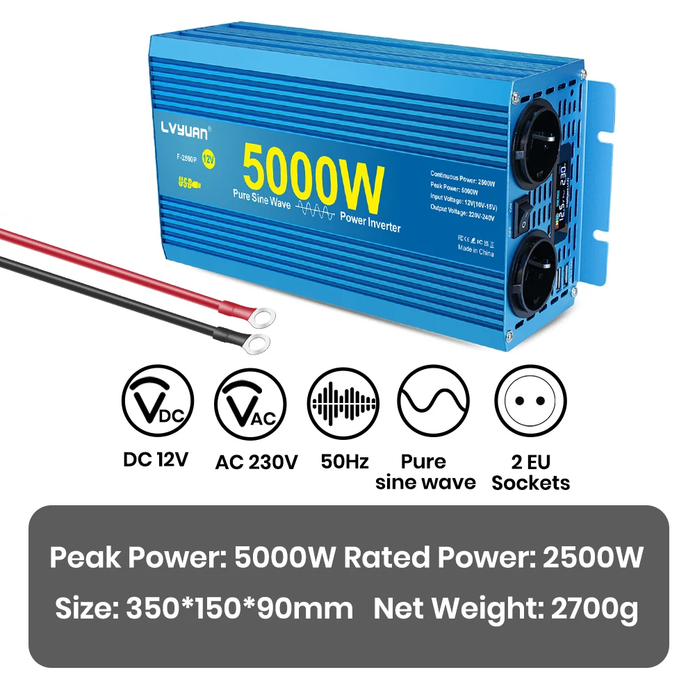 Lvyuan Zuivere Sinusomvormer 2000W DC 12V 24V naar AC 220V 240V Continu Vermogen 2000W Omvormer