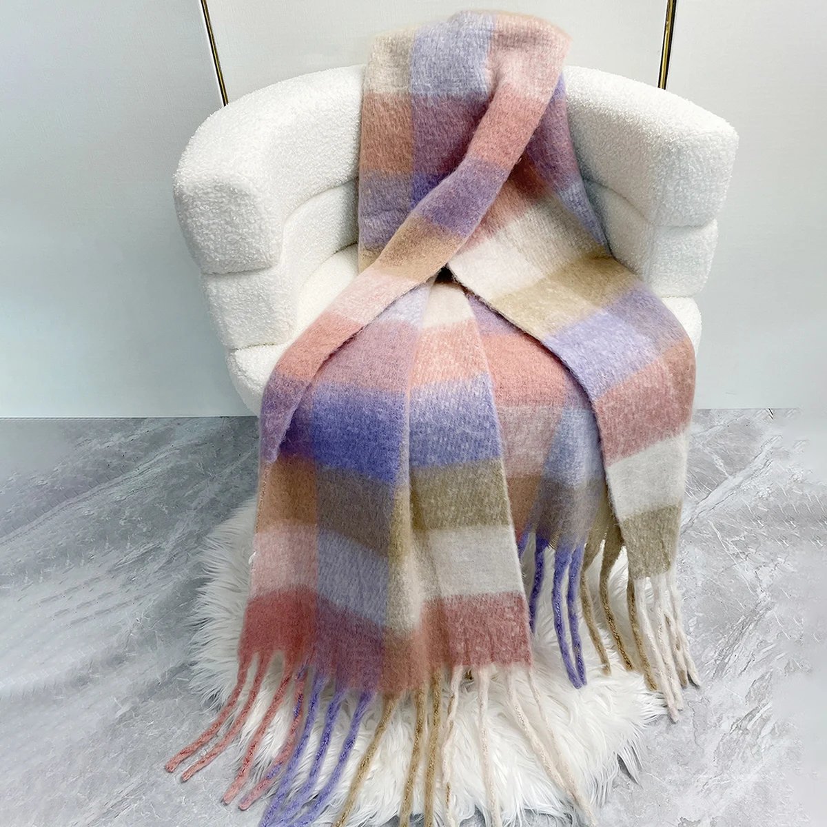 Colorful Big Plaid Scarf for Women Extra Long & Large Shawl with Tassel Cashmere Feel Soft Warm Scarves for Winter Unisex Shawl