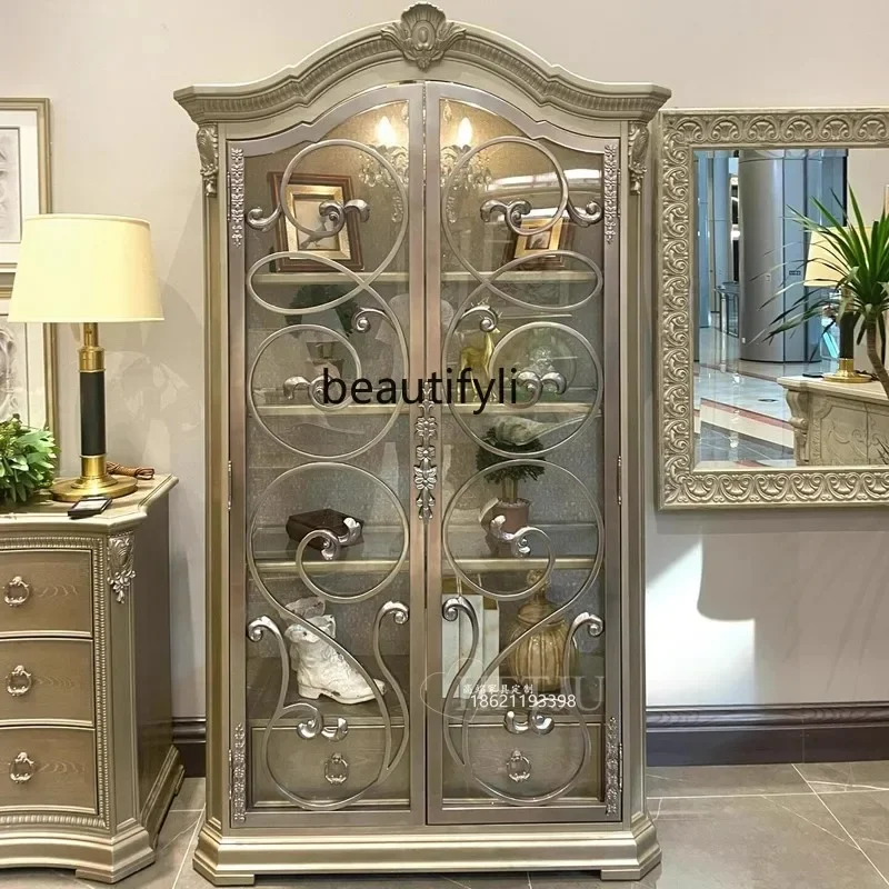 

American art light luxury solid wood wine cabinet living room French bookcase arched display antique cabinet0420