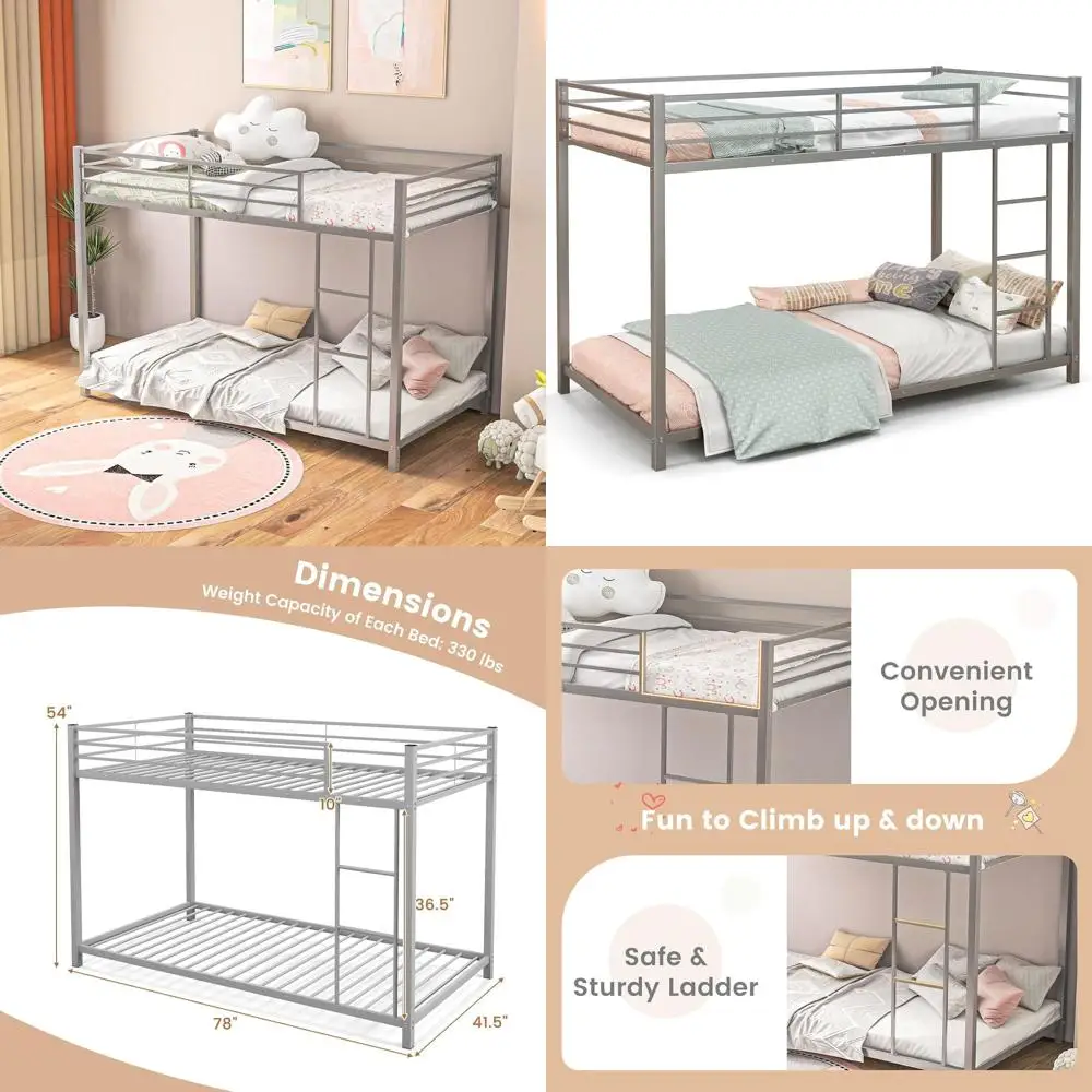 

Twin Over Twin Metal Bunk Bed with Ladder and Full-Length Guardrail - Space-Saving for Kids and Teens (Silver)