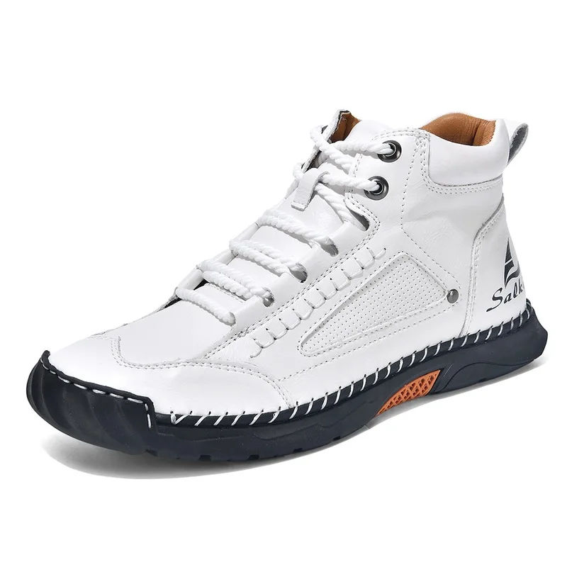 Plus-size men's clothingPULeather boots Men's Fashionable Hand-Stitched Ankle Boots, Flat Sole, Lace-Up Casual Shoes, High-Top