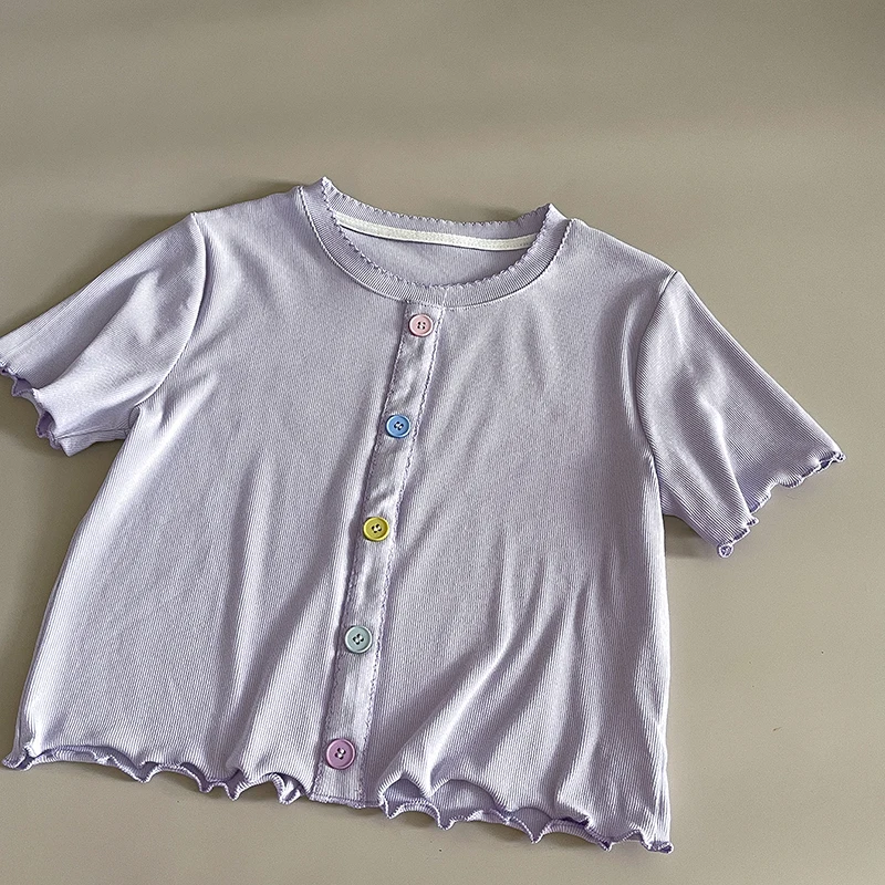 

Wedbleser Colorful Button Fungus Edge Round Neck T-shirt 2025 Summer New Short Sleeved Loose Versatile Simple Personalized Top