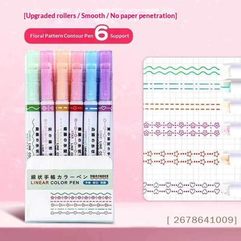 〔L〕6Pcs/Set Highlighter Pen Line Shaped Color Roller Tip Curve Liner Art Contour Marker Highlighter Journal School Stationery