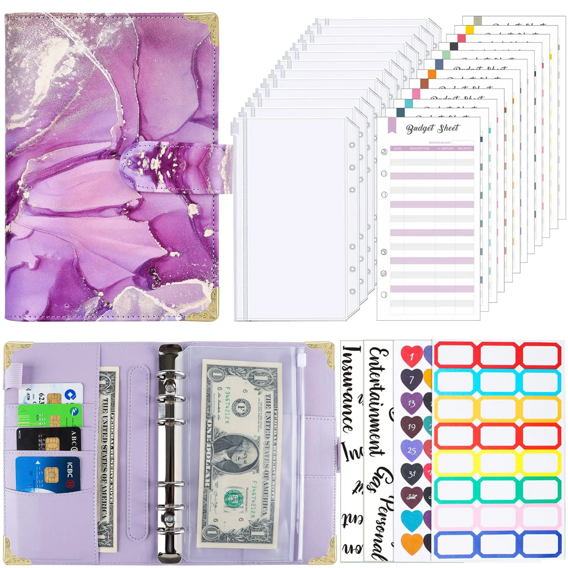 A6 Colorful Money Budget Planner Binder With Zipper Envelopes Cash Envelopes, For Budgeting Money Organizer For Binder Notebook