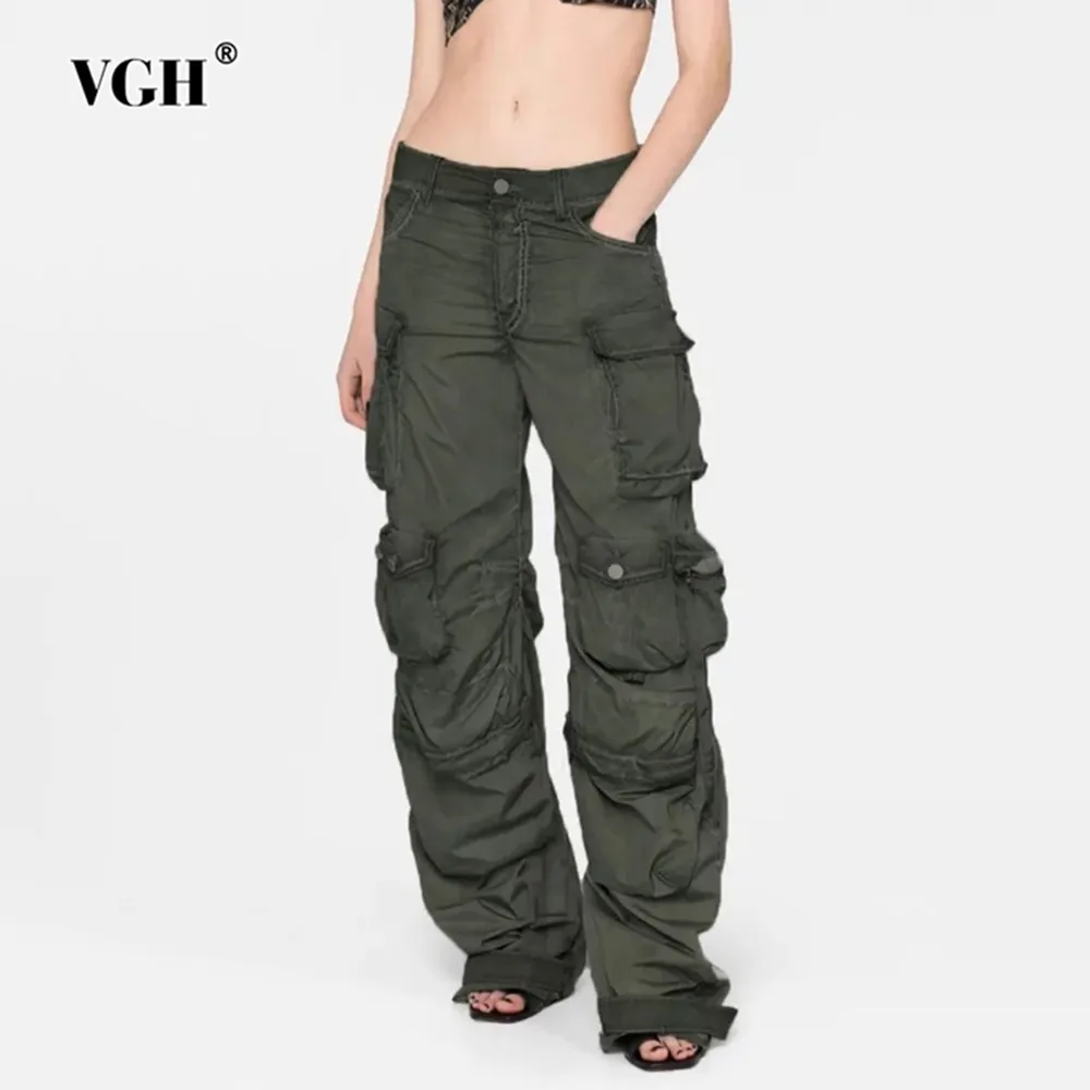 

VGH Solid Patchwork Pockets Loose Trousers For Women High Waist Spliced Zipper Streetwear Cargo Pants Female Fashion Style New