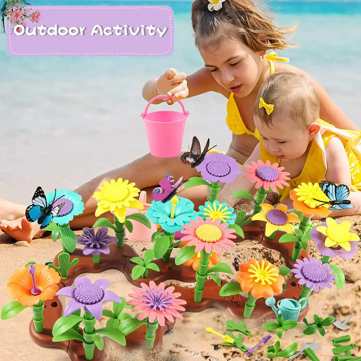 Jouets de construction de jardin de fleurs pour enfants, assemblage de blocs de construction de plantes bricolage, jeux d'empilage créatifs, jouets Montessori dos