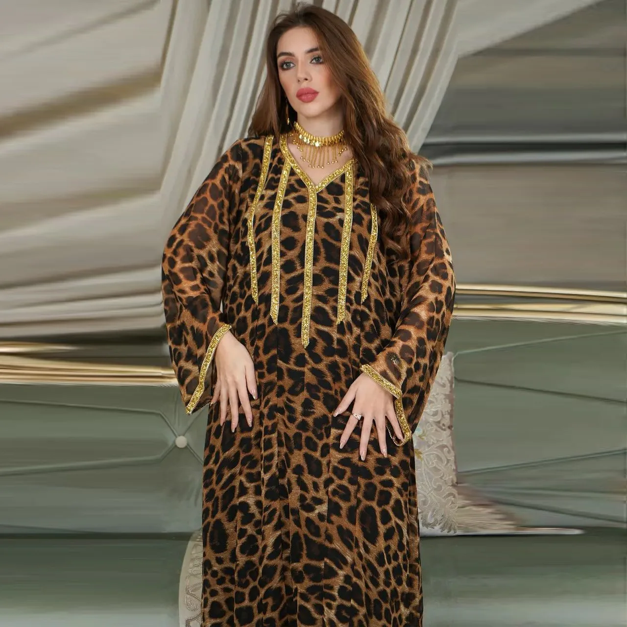 

Ab179 fried Street leopard print spring Brown hot drill women's long fashion Arab Muslim dress