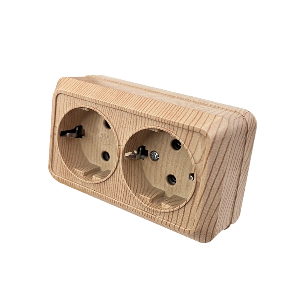 Wood Paint Wall Surface 2 Sockets Plugs EU Exterior Electrical Outlets With Ground Outdoor Power Socket Flame Retardant Plastic